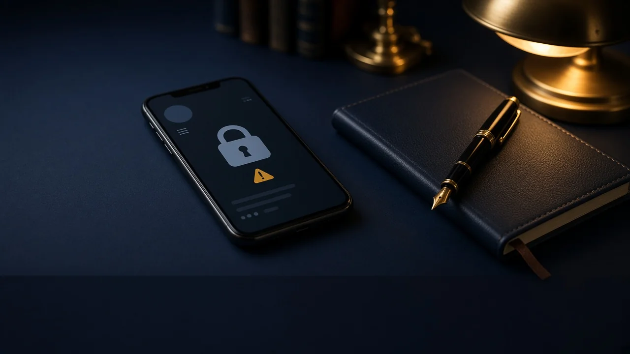Celular com aviso de conta bloqueada sobre a mesa do escritório