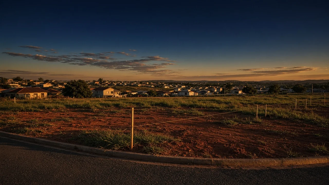 Lote vazio cercado com estaca, em bairro residencial ao entardecer